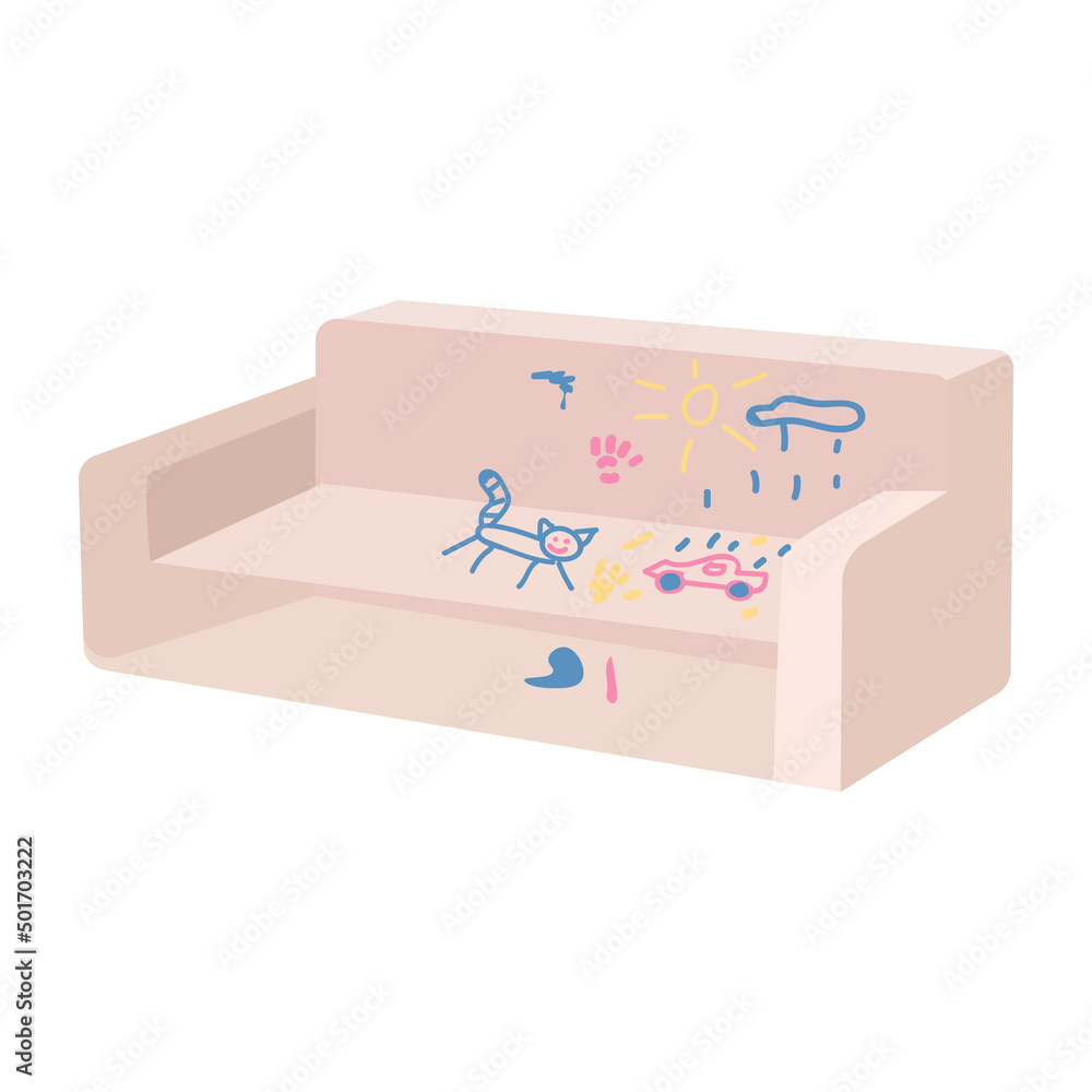 Poster childish scribblings on sofa semi flat color vector object. child drawing on furniture. full sized i