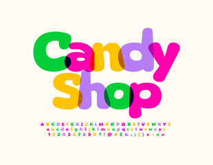Vector advertising sign Candy Stop. Bright Watercolor Font. Creative Alphabet Letters and Numbers