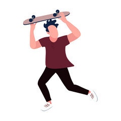 Young boy running with skateboard over head semi flat color vector character. Posing figure. Full body person on white. Simple cartoon style illustration for web graphic design and animation