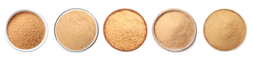 Bowls of brown sugar on white background, top view. Banner design
