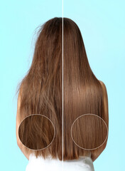 Woman before and after washing hair with moisturizing shampoo on turquoise background, collage