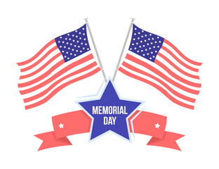 American flags for Memorial day semi flat color vector object. Full sized item on white. Honor to heroes simple cartoon style illustration for web graphic design and animation. Bebas Neue font used