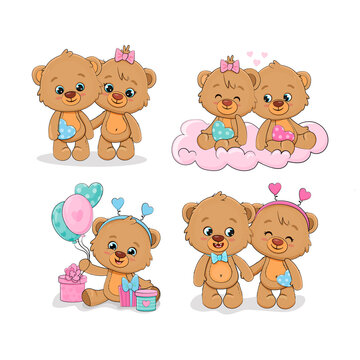 Set of cute cartoon teddy bear in different poses on white background. Love. Couple,Valentines day. 