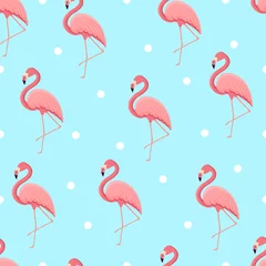 Fototapete Flamingo Seamless pattern with tropical bird flamingo. Texture with a bird for textiles, wallpaper, print design, clothes postcards. Vector illustration.