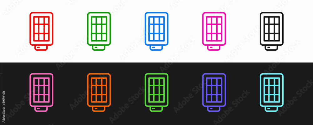 Poster set line studio light bulb in softbox icon isolated on black and white background. shadow reflection