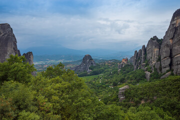 Fototapeta na wymiar Panoramic view of the Meteora Mountains and Monastery of St. Nicholas of Anapavsas in Greece