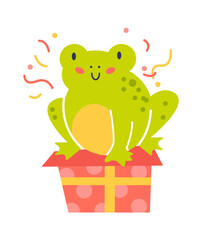 Cute frog with Gift Box. Childish Design. Vector illustration