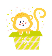 Cute Monkey in Gift Box Childish Design. Vector illustration