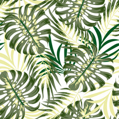 Original seamless tropical pattern with bright plants and leaves on a white background.  
Vector design. Jungle print. Floral background.  Vintage pattern. Tropical botanical. Beautiful exotic plants.