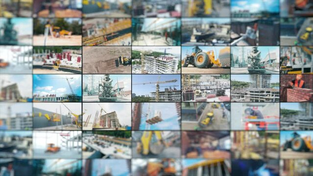 Construction site multiscreen video. Modern building collage. Modern building site. Construction equipment at the construction site