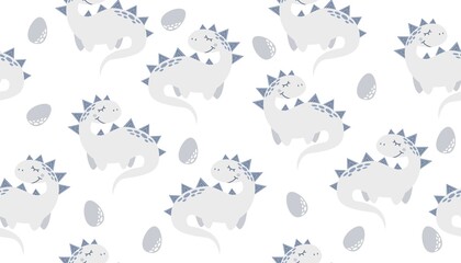 Delicate vector seamless pattern. Cute dinosaurs, egg. Pattern for baby clothes, textiles, diapers and fabrics.
