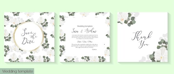 Fototapeta na wymiar Vector herbal wedding invitation template. White orchid, green plants and leaves, gold frame.