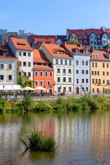 Colorful tenement houses on the Nysa Luzycka River, on the border between Poland and Germany, Zgorzelec, Poland