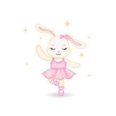 Cute ballerina bunny in pink dress. Watercolor style vector