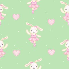 Cute ballerina bunny seamless pattern. Watercolor style vector