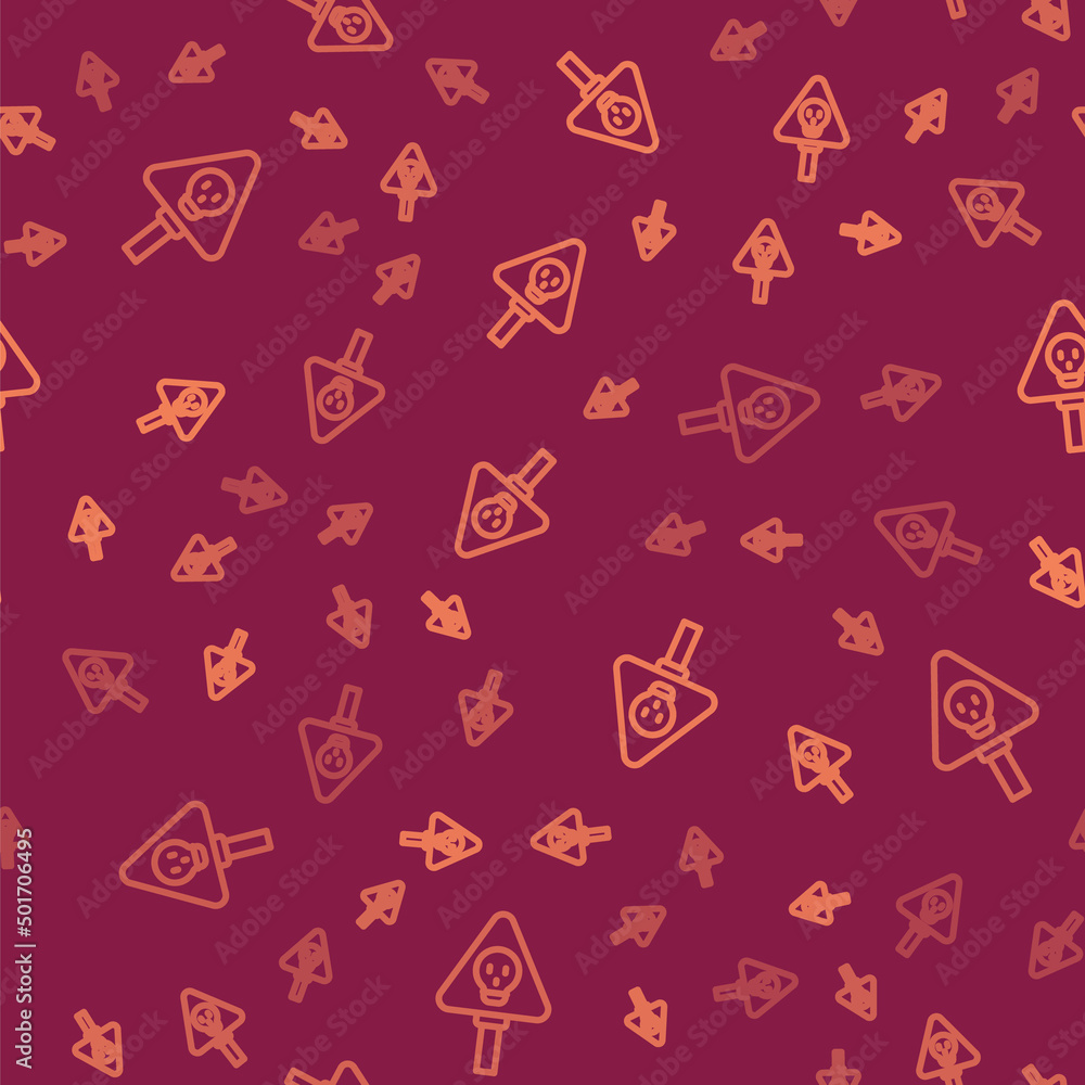 Poster brown line bones and skull as a sign of toxicity warning icon isolated seamless pattern on red backg