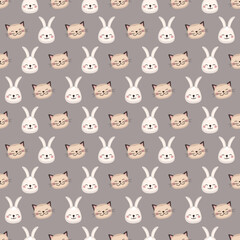 Obraz premium Cute seamless print with Head of rabbit and cat with smile muzzle and eyes. Print of funny hare and kitty with happy face. Vector flat illustration for holidays, children decoration