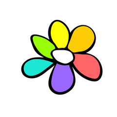 Flower vector icon. Petals of all colors of rainbow. Nature element or LGBT culture symbol. Hand drawn simple bright outline colorful illustration, clip art in doodle style, isolated