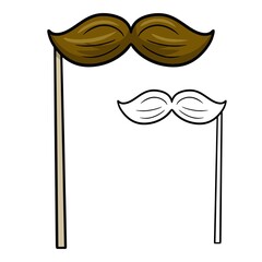 Cartoon mustache for parties and practical jokes, mustache on a stick, fake funny mustache. Vector cartoon illustration - obrazy, fototapety, plakaty