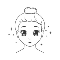 Kawaii smiling girl with sparkles around her face. Black and white vector illustration isolated on white background