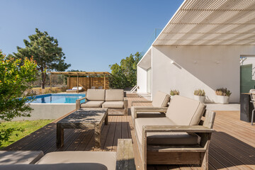 Modern villa with pool and deck with interior