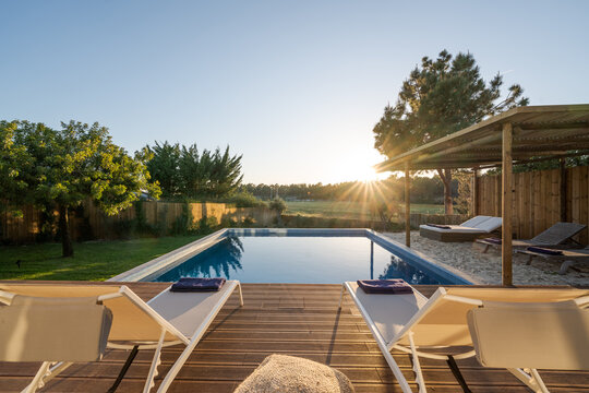 Modern villa with pool and deck with interior