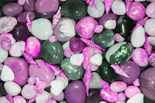Pink Nature Background Image Of Colored Seashells And Beach Pebbles
