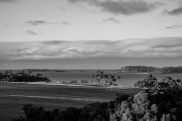 Farm looking out over the ocean, an organic grass farm and ranch, by the coast, beach and ocean. in Tasmania, Australia.
