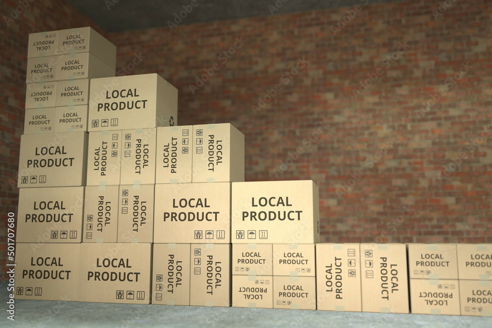 Fototapete declining bar chart made with boxes with local products. conceptual 3d rendering