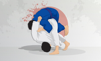 A judo wrestling athlete makes a throw through the hip.