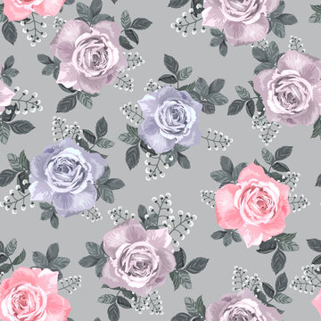 Gray, pink roses on grey background. Vector seamless pattern of flowers. Summer