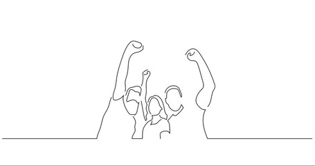 Happy friends in line art animation. Sport celebration of a group of young people footage. Black linear video on white background. Animated gif illustration design.