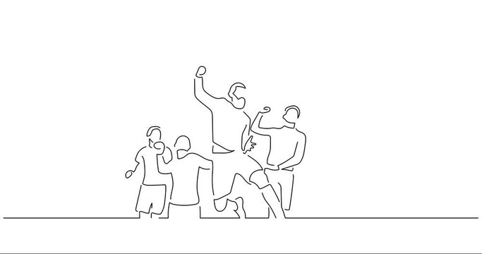 Happy teammates in line art animation. Sport celebration of a group of young people footage. Black linear video on white background. Animated gif illustration design.
