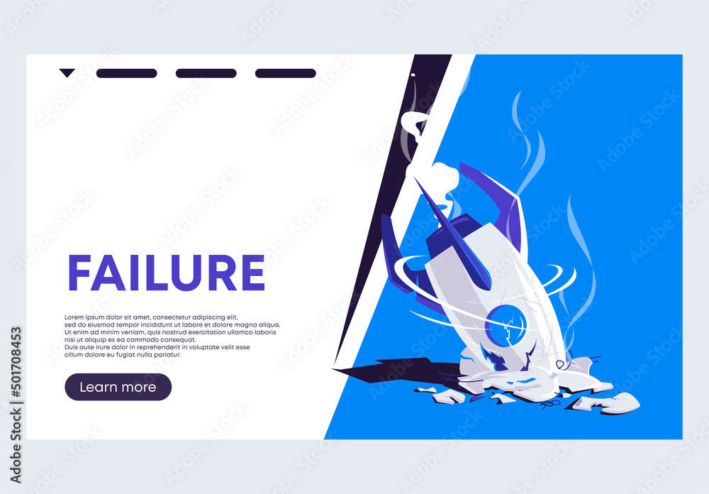 Poster vector illustration of a banner template for the website of the failure concept, a crashed rocket wi