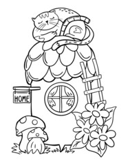 Kids coloring page with cartoon house. Cat on stomach.