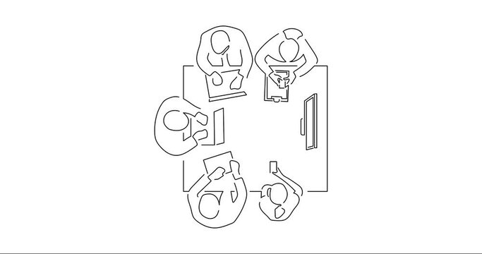 Teamwork using technology in line art animation. Footage of a group of business people working. Black linear video on white background. Animated gif illustration design.