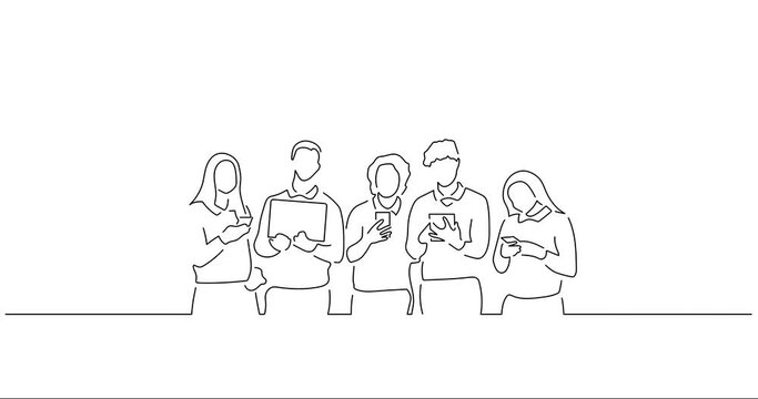 Young friends using technology in line art animation. Footage of a group of people having fun. Black linear video on white background. Animated gif illustration design.