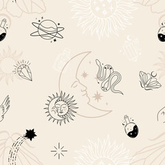 Celestial elements on a beige background. Boho seamless pattern.