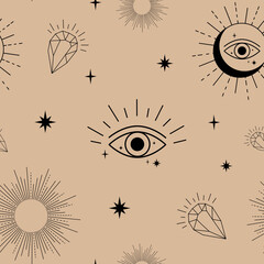 Black celestial elements on a beige background. Boho seamless pattern.