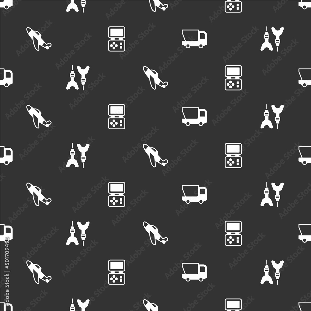 Poster set toy truck, dart arrow, plane and tetris electronic game on seamless pattern. vector