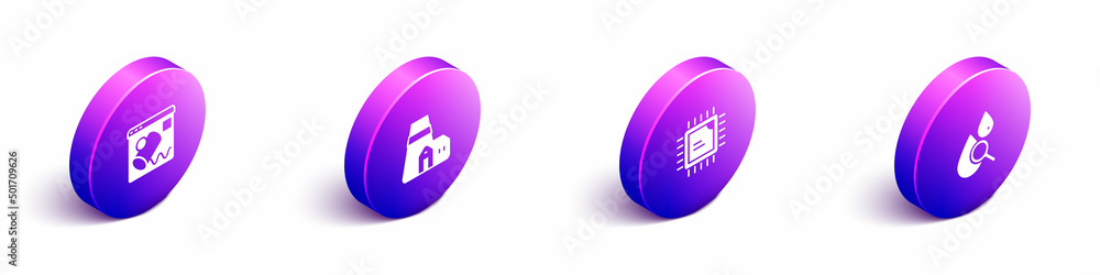 Poster set isometric data visualisation, power station plant, processor cpu and drop and magnifying glass i