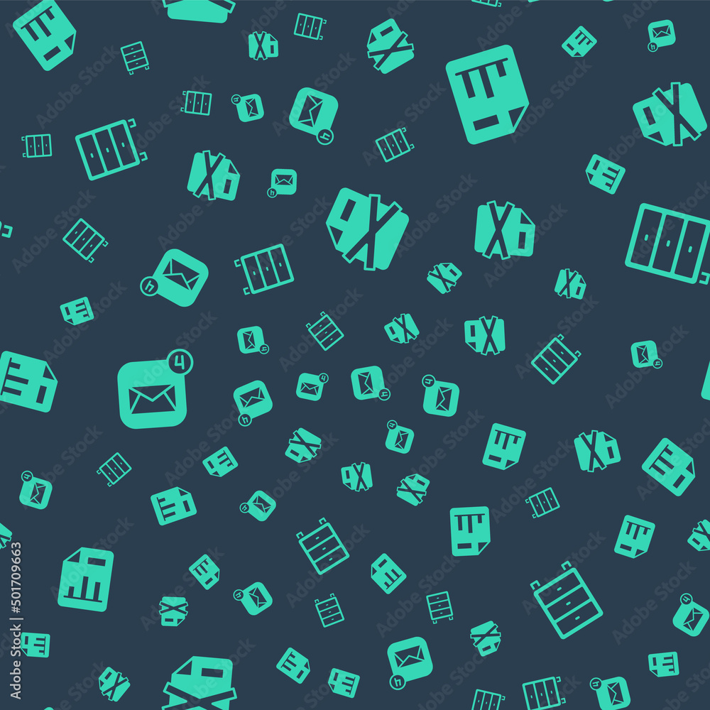 Poster set delete file document, document with graph chart, envelope and archive papers drawer on seamless 