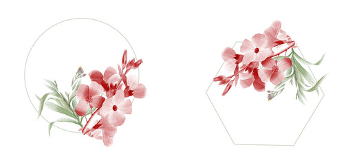 set of Watercolor floral frame invitation card design. Set of floral wedding logos and monogram with elegant green leaves golden geometric triangular frame for invitation save the date card design.