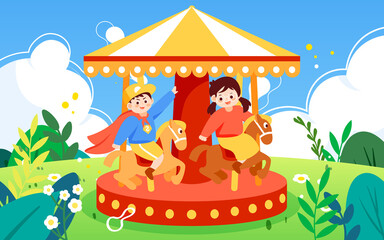 Obraz na płótnie Canvas Children day kids sit on a carousel at the playground with plants and clouds in the background, vector illustration