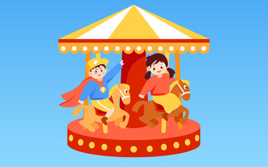 Children day kids sit on a carousel at the playground with plants and clouds in the background, vector illustration