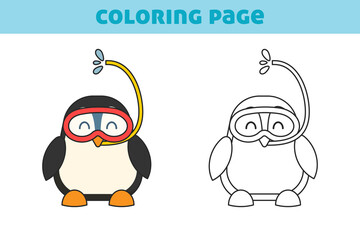Coloring book with a cute little penguin. A simple game for preschool children. Vector illustration for books, coloring book, home leisure and educational materials.