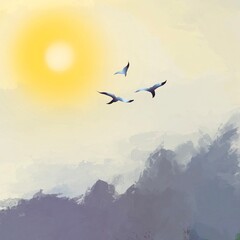 Soft colors ,flock of birds flying in the sky background Illustration 
