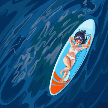 Illustration of a curvy girl sun bathing floating on her stand up paddle board enjoying the rhythm of swell of the ocean. 