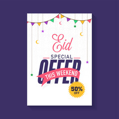 Eid Sale Template Or Flyer Design With 50% Discount Offer, Crescent Moon, Stars Hang And Bunting Flag On White Islamic Pattern Background.