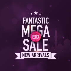 Fototapeta na wymiar Fantastic Eid Mega Sale Poster Design With Stars On Purple Silhouette Mosque Background.